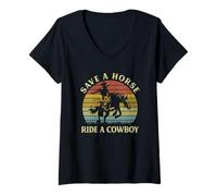 Donna Vintage Western Rodeo Paese salvare un cavallo giro un cowboy Maglietta con Collo a V