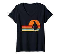 Donna Vintage Wildlife Tramonto Amante Animali Arte Retro Pinguino Maglietta con Collo a V