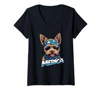 Donna Vintage Yorkshire Terrier 4 luglio Merica Maglietta con Collo a V