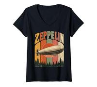 Donna Vintage Zeppelin Airship Retro Sunset Aviation Dirigible Maglietta con Collo a V