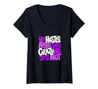 Donna Viola Colore Hustle Ain't So Crazy Viola Grafica Maglietta con Collo a V