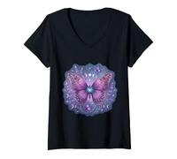 Donna Viola Farfalla Luna Lavanda Fasi Celeste Cottagecore Maglietta con Collo a V