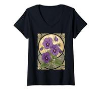 Donna Viola Febbraio Compleanno Fiori Stile Art Nouveau Maglietta con Collo a V