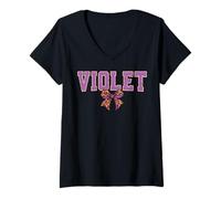 Donna Violet Leopard Bow Trendy Name Design per Donne e Ragazze Maglietta con Collo a V