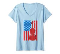 Donna Violino Bandiera USA Fiddler Fiddle Maglietta con Collo a V