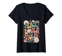 Donna Violino hippie retrò anni '60 anni '70 Peace Love Maglietta con Collo a V
