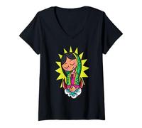 Donna Virgen de Guadalupe Cartoon Cute Chibi Virgin Mary Maglietta con Collo a V