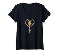 Donna Virgin Mary Rosary Heart with Roses Maglietta con Collo a V