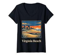 Donna Virginia Beach Coastal Skyline Retro Tramonto Oceano Passerella Maglietta con Collo a V