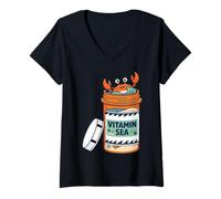 Donna Vitamin Happy Crab Ocean Beach Sea Design Maglietta con Collo a V