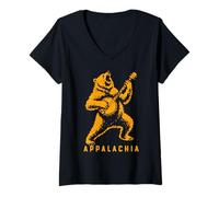 Donna Viva Appalachia Black Bear Banjo Player Retro Maglietta con Collo a V