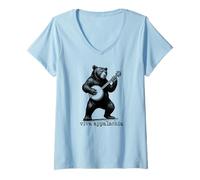 Donna Viva Appalachia Black Bear Banjo Player Retro Maglietta con Collo a V