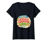 Donna Viva Cuba Libre Retro Design Vintage Tipografia Cubana Maglietta con Collo a V