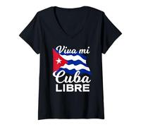 Donna Viva Mi Cuba Libre Sventolando Bandiera Cubana Orgoglio Maglietta con Collo a V