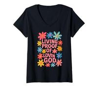 Donna Vivente Prova di Lovin Dio Grafica Cristiana Floreale Maglietta con Collo a V