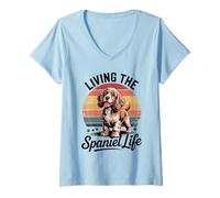 Donna Vivere lo Spaniel Life Cartoon Design Maglietta con Collo a V