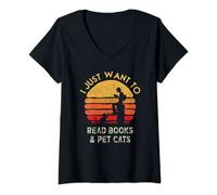 Donna Voglio solo leggere libri e gatti retrò vintage Maglietta con Collo a V