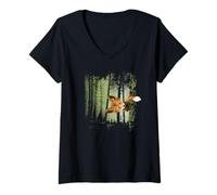 Donna Volpe Funky in Una Foresta crepuscolare Casuale Maglietta con Collo a V