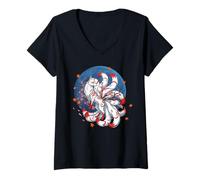Donna Volpe Kitsune Giapponese A Nove Code, Sakura Fiori Maglietta con Collo a V