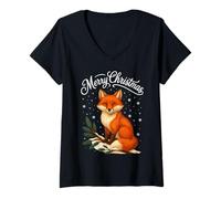 Donna Volpe Natale Inverno Merry Christmas Maglietta con Collo a V