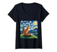 Donna Volpe Notte Stellata Van Gogh Dreamy Animal Night Sky Maglietta con Collo a V
