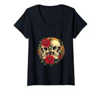 Donna Volti di Teschio con Rose Rosse Maglietta con Collo a V