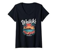 Donna Waikiki Hawaii Tramonto Spiaggia Vintage Travel 808 Waikiki Oahu Maglietta con Collo a V