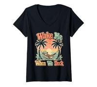 Donna Wake Me When We Dock Divertente Crociera Bradipo Maglietta con Collo a V