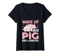 Donna Wake Up Hug Pig Buona Giornata Maglietta con Collo a V