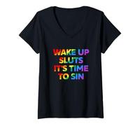 Donna Wake Up It's Time To sin Testo Arcobaleno Divertente Maglietta con Collo a V