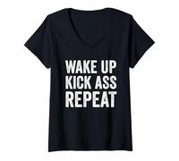 Donna Wake Up Kick Ass Repeat Shirt Women Wake Up Kick Ass for Men Maglietta con Collo a V