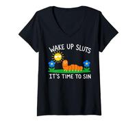 Donna Wake Up Sluts It's Time to sin, Funny Animal Meme Maglietta con Collo a V