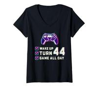 Donna Wake Up Turn 44 Gioco Tutto Il Giorno Gamer Checklist Design Maglietta con Collo a V