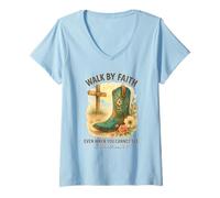 Donna Walk By Faith 2 Corinthians 5:7 Western Boot Watercolor Maglietta con Collo a V