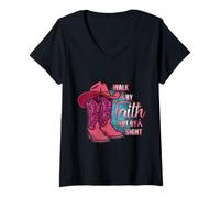 Donna Walk By Faith Not By Sight Awareness - Stivali per Cancro al Seno, Rosa Maglietta con Collo a V
