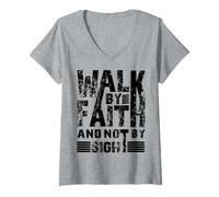 Donna Walk By Faith Not By Sight Gesù Famiglia Uomini Donne Ragazzi Ragazze Maglietta con Collo a V