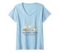 Donna Walking By Faith Tripping Constantly Funny Christian Duck Maglietta con Collo a V