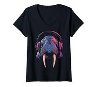 Donna Walrus Gaming Music Cuffie Retro Cool Maglietta con Collo a V