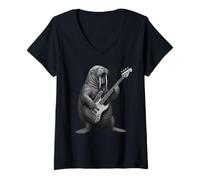 Donna Walrus Suonare Basso Chitarra Musica Rock Amante degli Maglietta con Collo a V