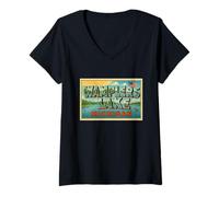 Donna Wamplers Lake Irish Hills Michigan Arte da Viaggio Vintage Anni '50 Maglietta con Collo a V
