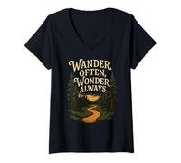Donna Wander Spesso Wonder Always Escursionismo Avventura Sentiero nel Bosco Maglietta con Collo a V