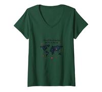 Donna Wanderlust World Map Travel Bucket List Adventure Citazione Maglietta con Collo a V, Verde Foresta, M
