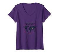 Donna Wanderlust World Map Travel Bucket List Adventure Citazione Maglietta con Collo a V, Viola, L