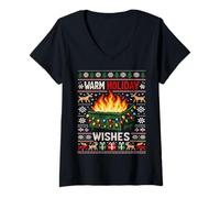 Donna Warm Holiday Wishes Brutto Natale Dumpster Fire Maglietta con Collo a V