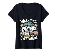 Donna Wash Hands And Pray Jesus And Germs Are Everywhere - Maglietta con Collo a V