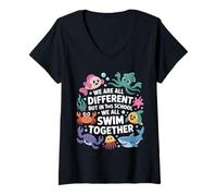 Donna We Are Different But in This School We all Swim Together Maglietta con Collo a V