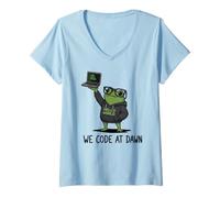 Donna We Code At Dawn Frog Funny Frog Meme Sviluppatore di Programmazione Maglietta con Collo a V