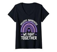 Donna We Fight Together Consapevolezza Epilessia Supporto Viola Maglietta con Collo a V