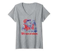 Donna We Run At Dawn Frog Divertente Maglietta con Collo a V