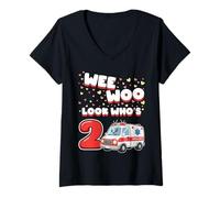 Donna Wee Woo Look Who Is 2 Anni Ambulanza 2 ° Compleanno Maglietta con Collo a V